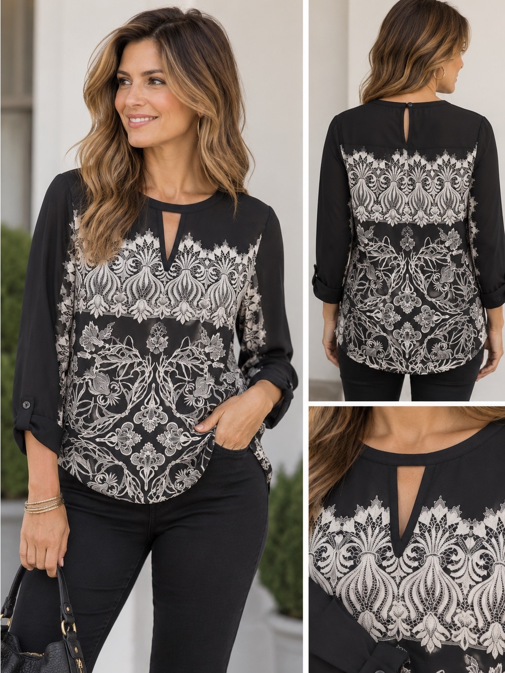 Black and white engineered floral lace print‎ blouse medium women's